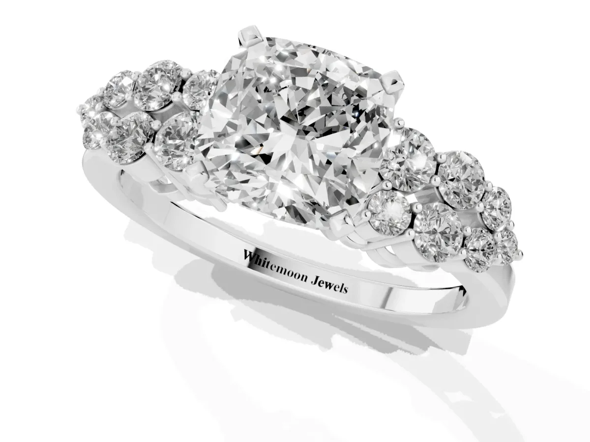 Cushion Cut Cluster Diamond Engagement Ring with Pavé Band and Four-Prong Setting Silver
