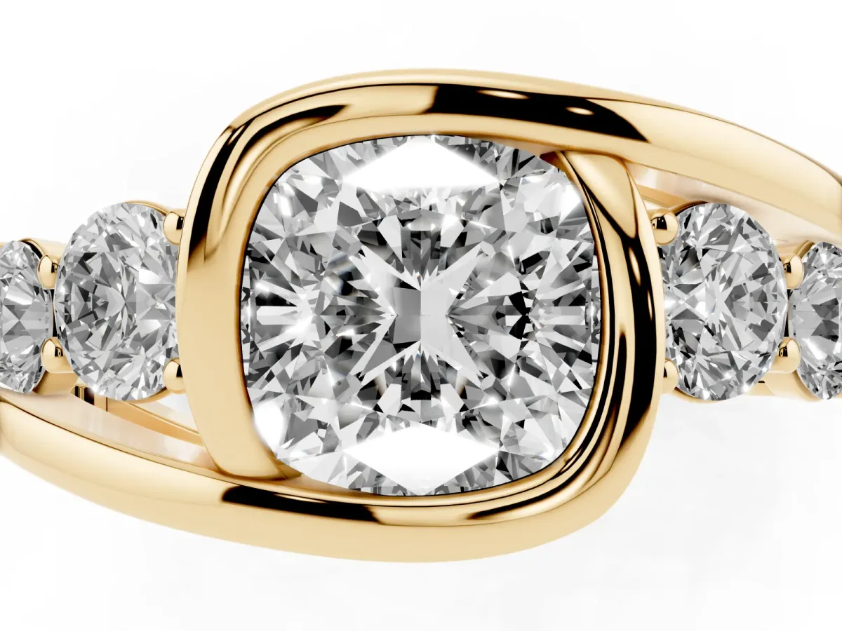 Bezel Set Cushion Cut Diamond Bypass Ring with Round Accents Yellow gold