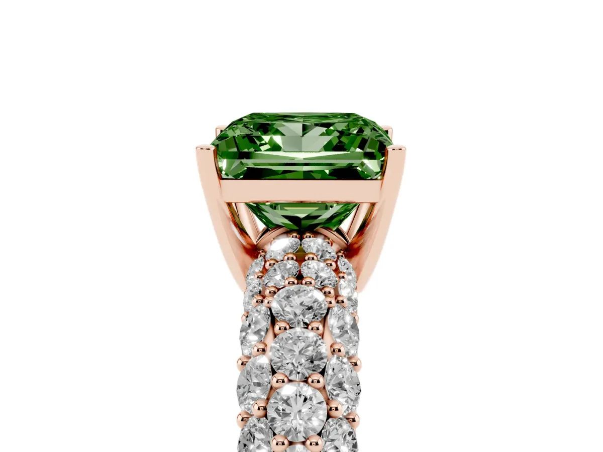 Fancy Green Princess Cut Diamond Pavé Band Solitaire Ring with Four-Prong Setting Rose gold