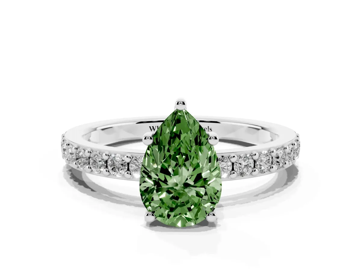 Fancy Green Pear Cut Cut Diamond Solitaire with Pave Band and Four-Prong Setting Silver