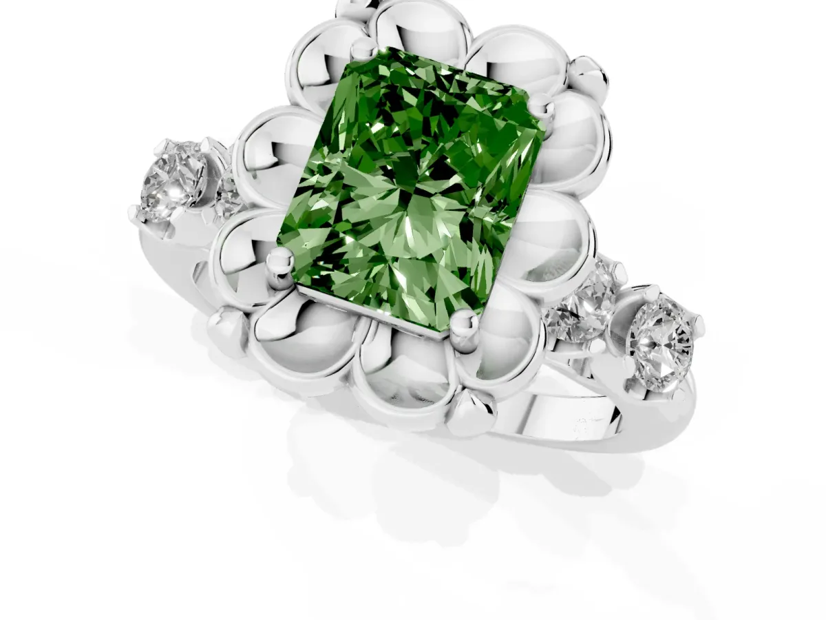 Fancy Green Radiant Cut Cut Diamond Floral Halo Engagement Ring with Shared Prong Setting White gold