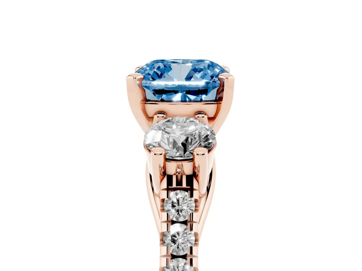 Fancy Blue Three-Stone Cushion Cut Diamond Pavé Band with Four-Prong Setting Rose gold