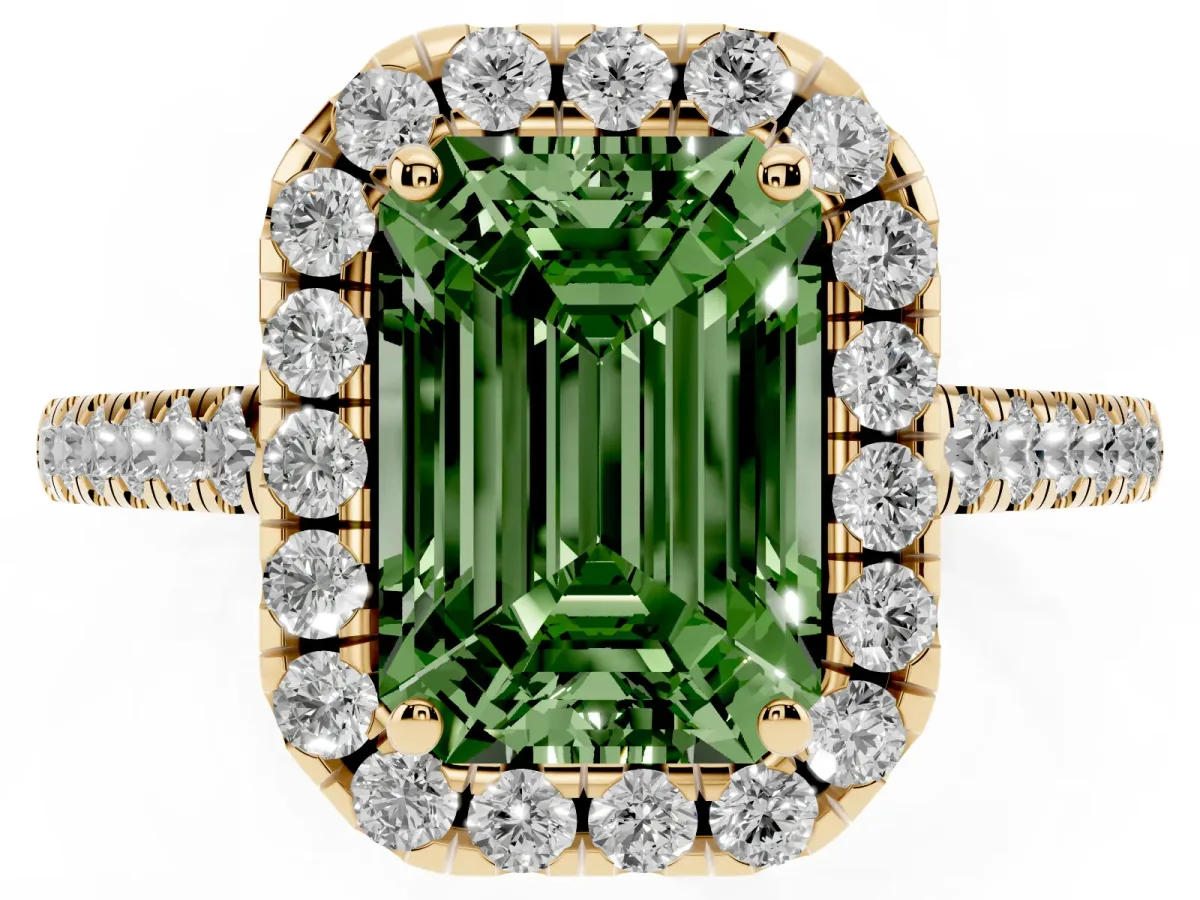 Fancy Green Emerald Cut Halo Pave Diamond Engagement Ring with Four-Prong Setting Yellow gold