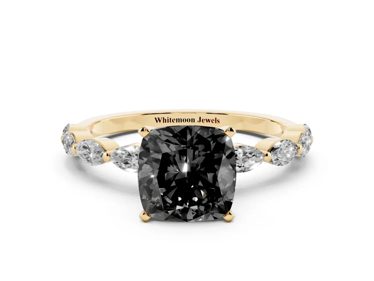 Fancy Black Cushion Cut Diamond Ring with Marquise Side Stones and Prong Setting Yellow gold