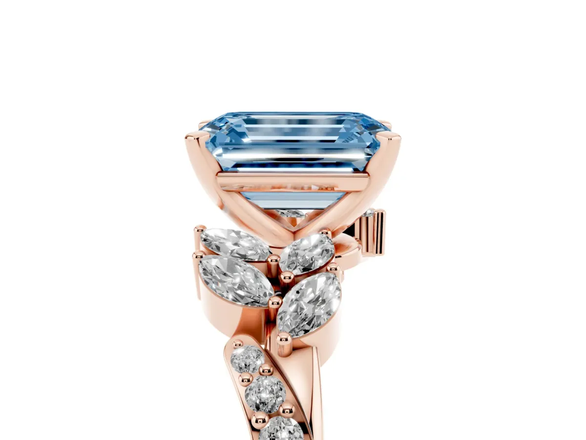 Fancy Blue Emerald Cut Solitaire Marquise Twist Band with Six-Prong Setting Rose gold