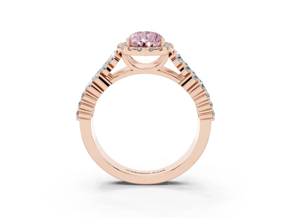 Fancy Pink Pear Cut Diamond Halo Engagement Ring with Triple Row Round Pavé Band and Prong Setting Rose gold