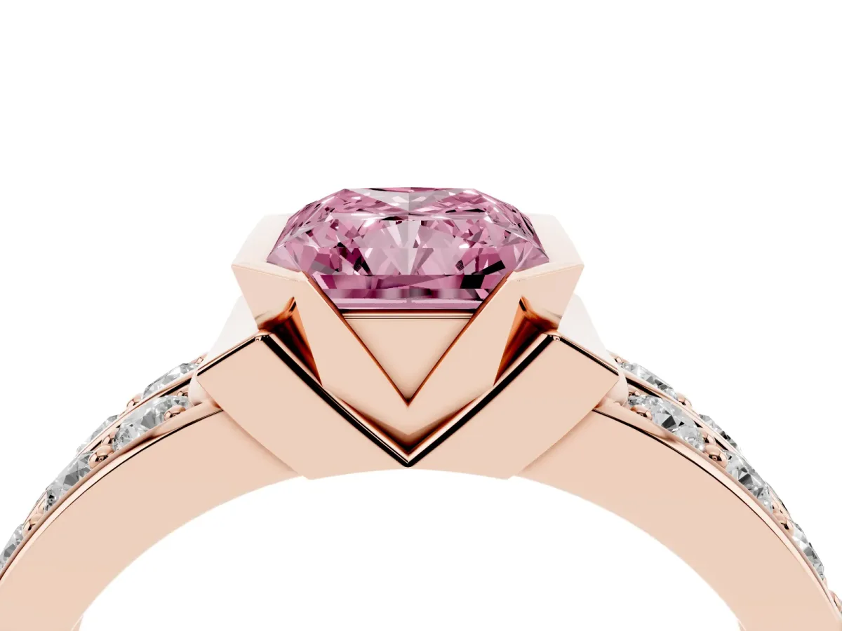 Fancy Pink Radiant Cut Brilliant Diamond Channel Set Wide Band Ring with Bezel Setting Rose gold