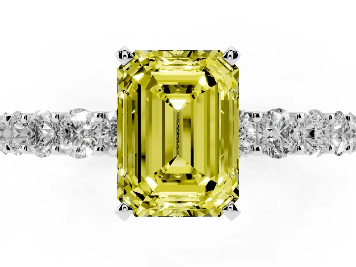 Fancy Yellow Emerald Cut Diamond Solitaire Ring with Shared Prong Pavé Band and Four-Prong Setting Silver