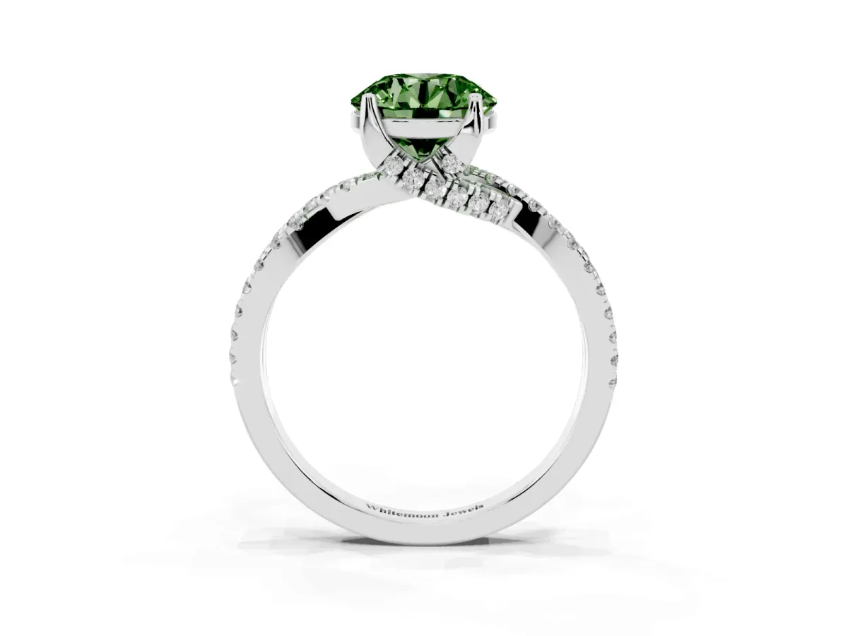 Fancy Green Round Cut Solitaire Twist Pave Diamond Engagement Ring with Prong Setting Silver
