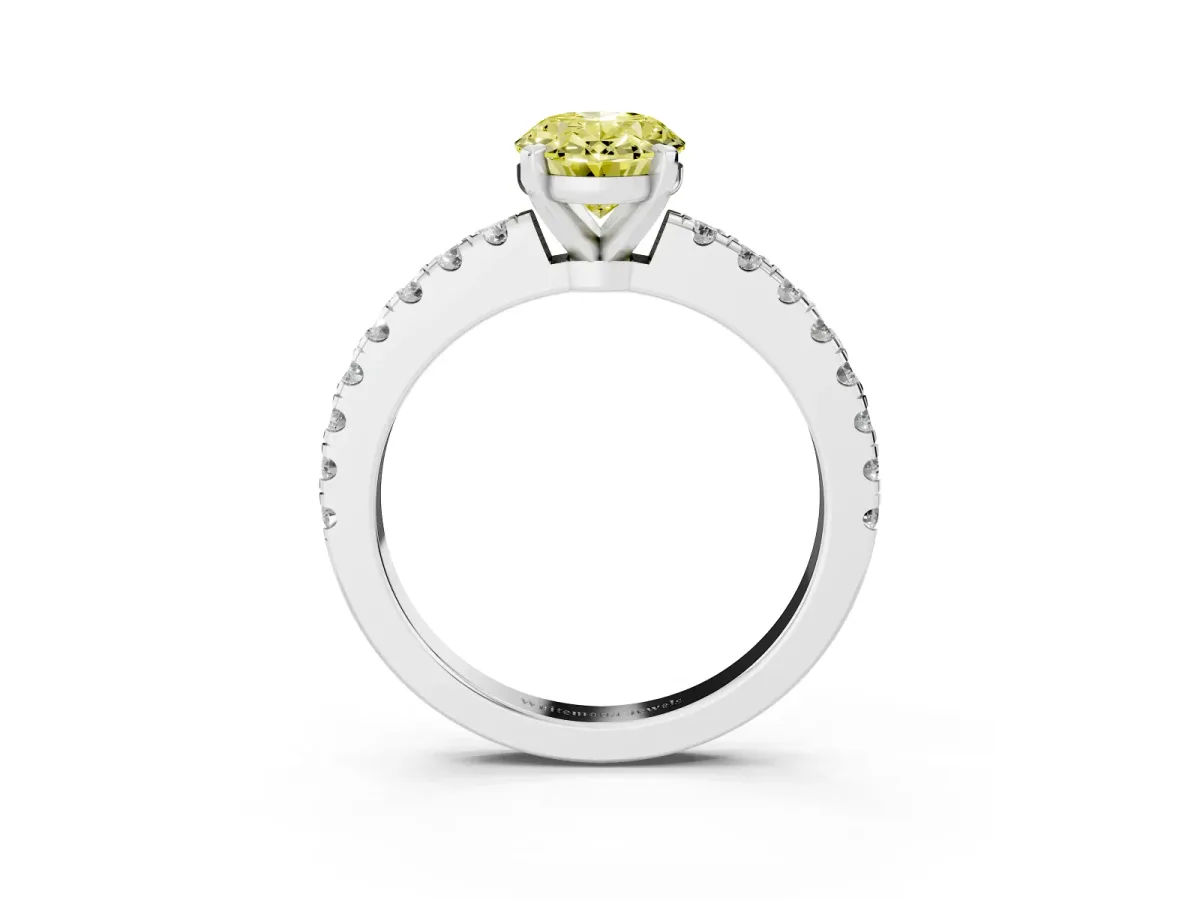 Fancy Yellow Oval Cut Solitaire Diamond with Pavé Band and Four-Prong Setting White gold