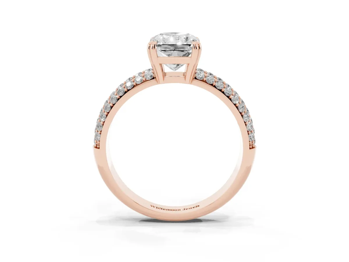 Radiant Cut Diamond Solitaire Ring with Multi-Row Round Pavé Band and Prong Setting Rose gold