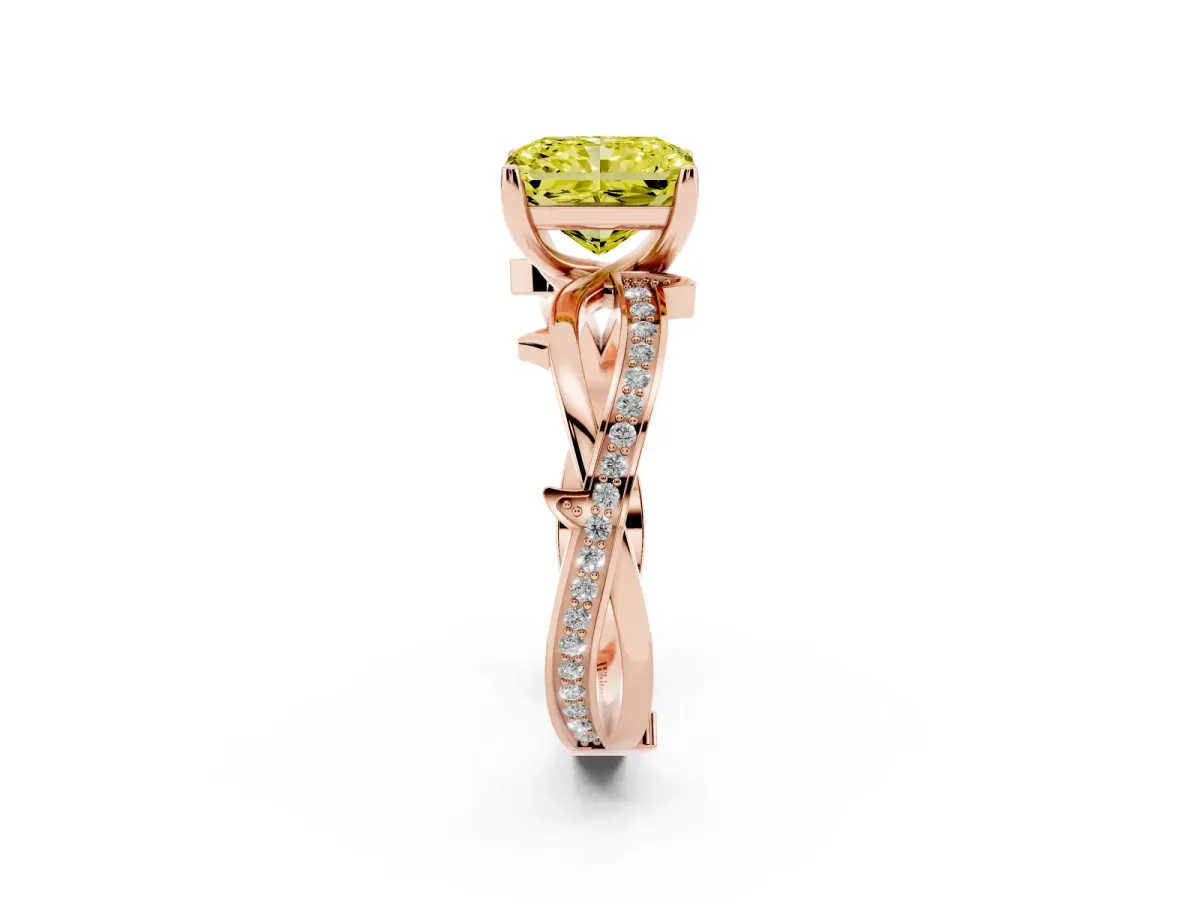 Fancy Yellow Radiant Cut Solitaire Twist Band with Pavé Accents and Four-Prong Setting Rose gold