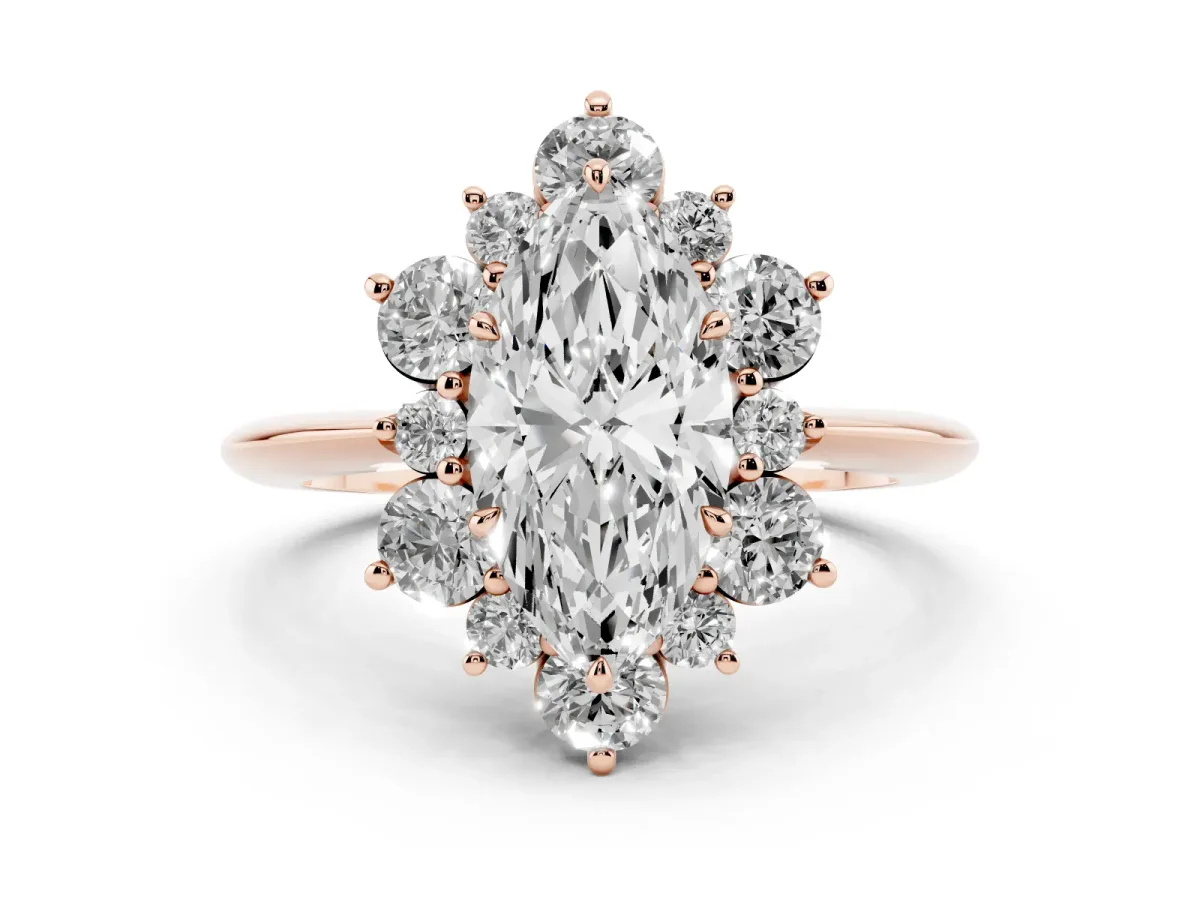 Marquise Cut Diamond Cluster Halo Ring with Solitaire Band and Four-Prong Setting Rose gold