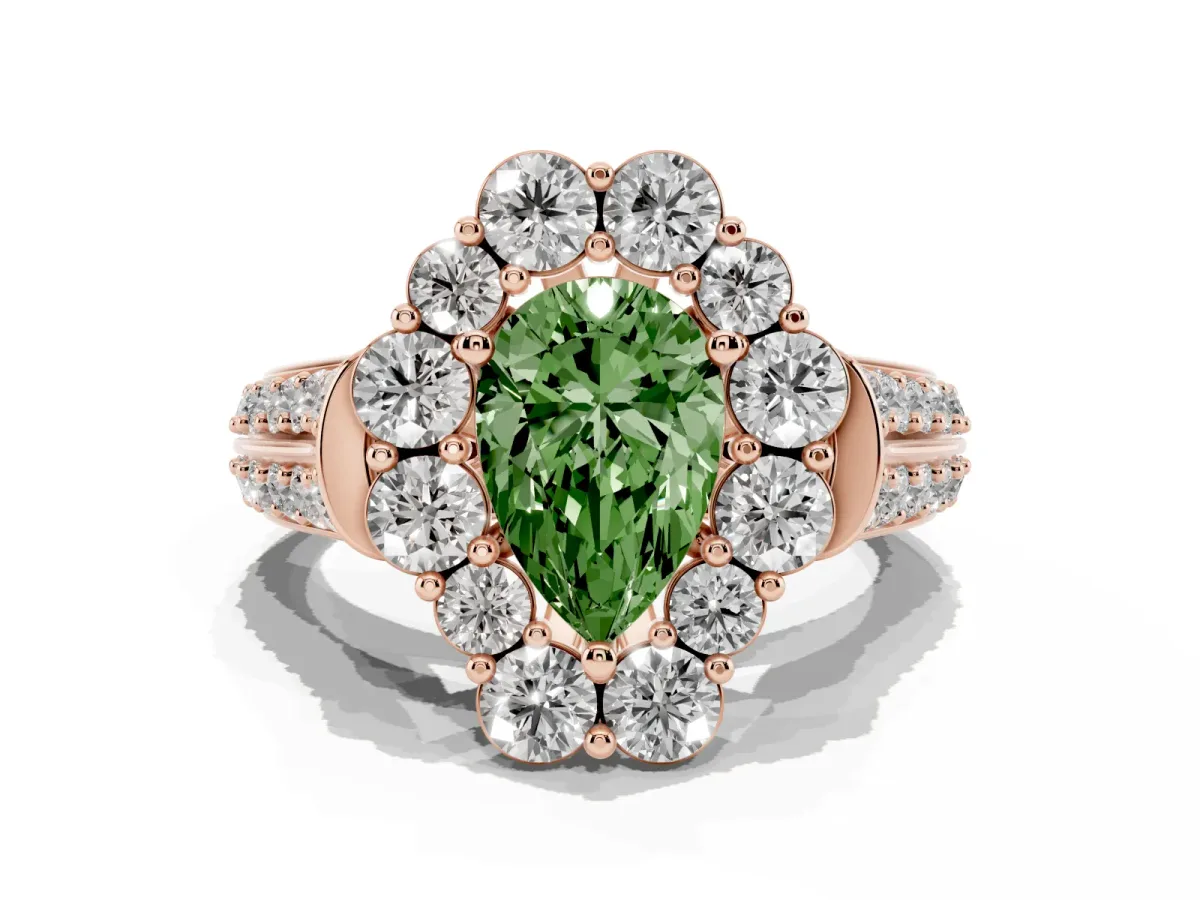 Fancy Green Pear Cut Halo Diamond Engagement Ring with Split Shank and Prong Setting Rose gold