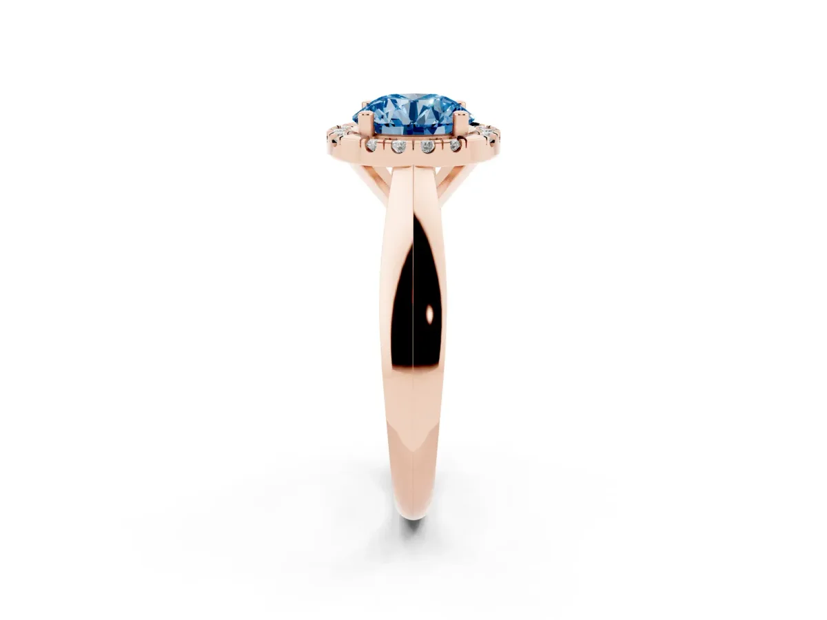 Fancy Blue Round Cut Cut Halo Solitaire Engagement Ring with Square Band and Four-Prong Setting Rose gold