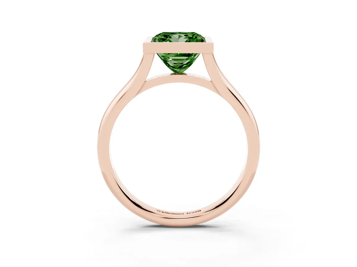 Fancy Green Bezel Set Princess Cut Cut Solitaire Ring with Tapered Band Rose gold