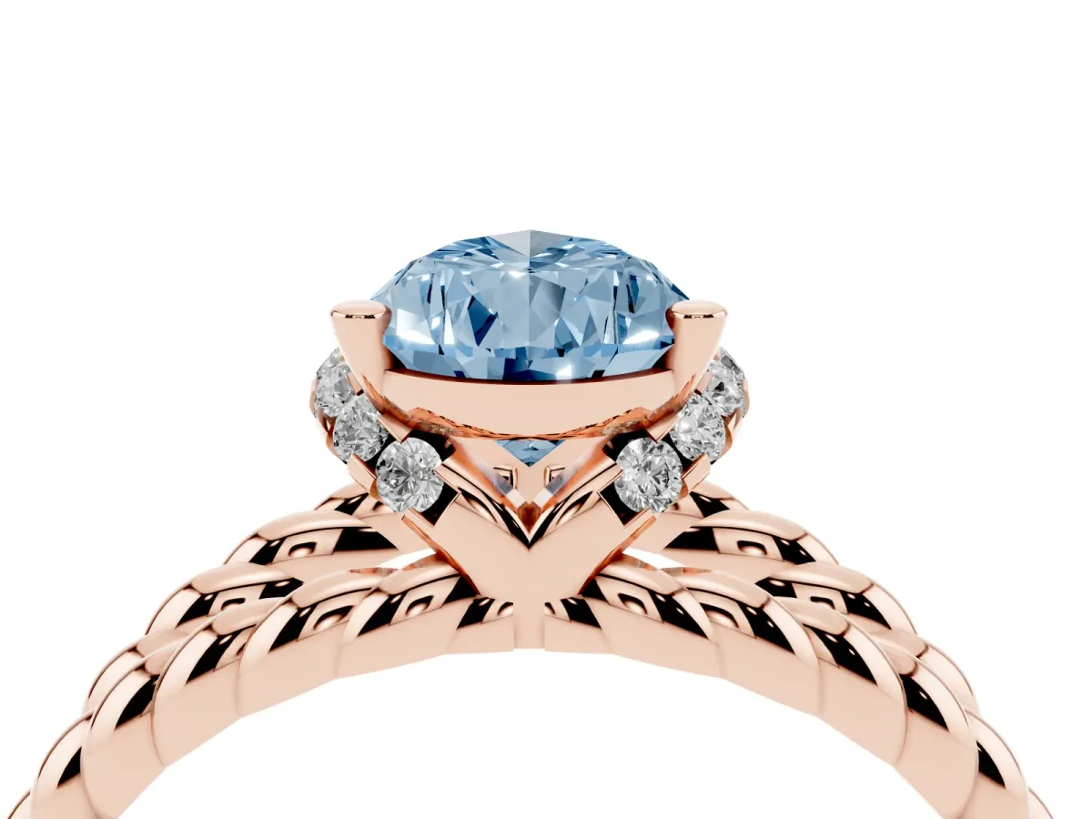 Fancy Blue Pear Cut Halo Twisted Band Four-Prong Ring Rose gold