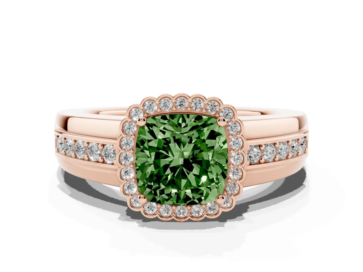 Fancy Green Cushion Cut Cut Halo Pave Band Four-Prong Ring Rose gold