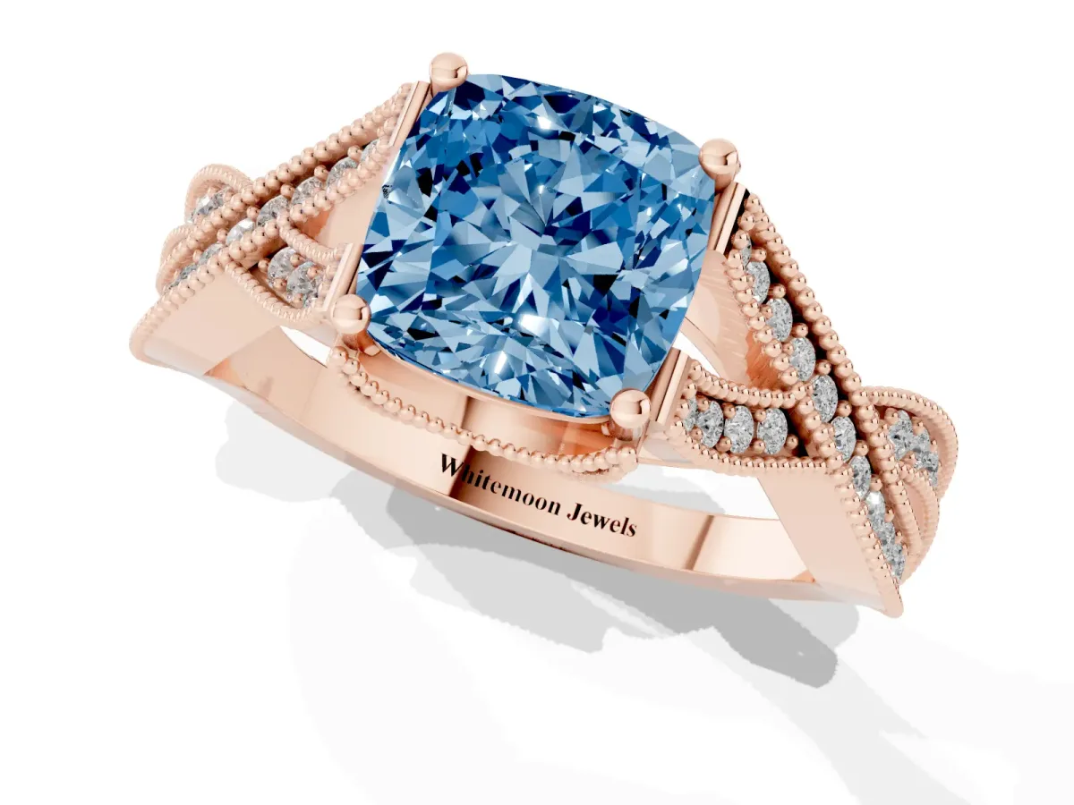 Fancy Blue Cushion Cut Cut Diamond Twisted Band with Milgrain Pave Setting and Four-Prong Setting Rose gold