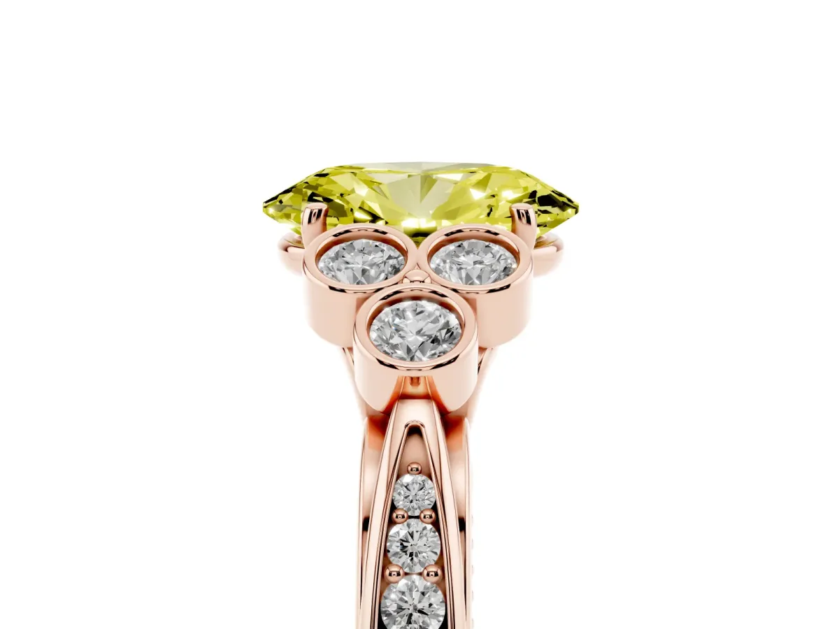 Fancy Yellow Oval Cut Cut Diamond Engagement Ring with Bezel Set Round Side Stones and Prong Setting Rose gold