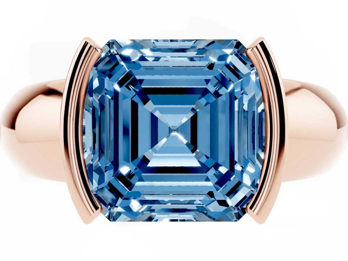 Fancy Blue Asscher Cut Solitaire Tension Set Diamond Ring with Wide Band Rose gold