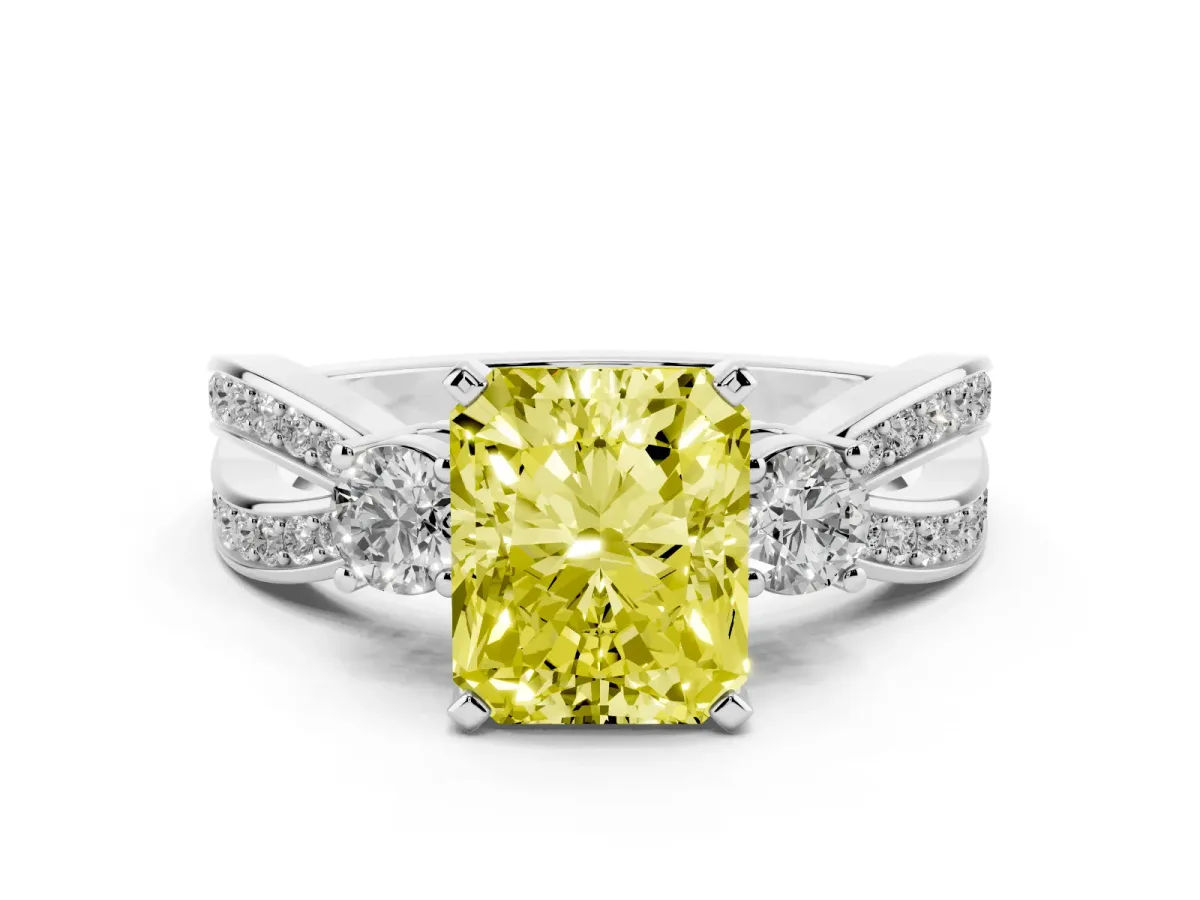 Fancy Yellow Three-Stone Radiant Cut Cut Diamond Twist Band with Prong Setting Silver