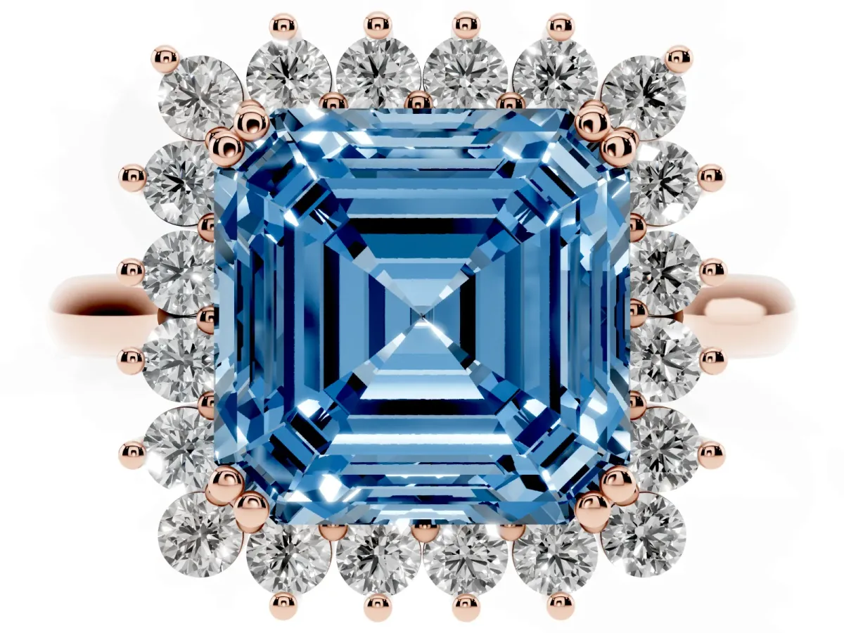 Fancy Blue Asscher Cut Cut Diamond Halo Ring with Solitaire Band and Prong Setting Rose gold
