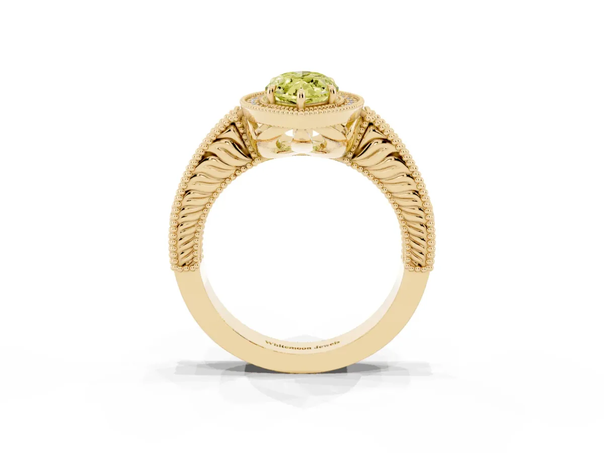 Fancy Yellow Marquise Cut Cut Halo Diamond Ring with Pavé Band and Four-Prong Setting Yellow gold