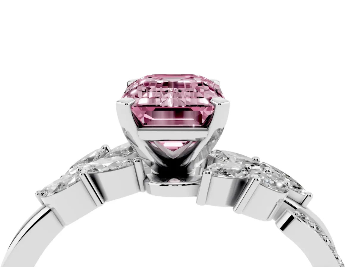 Fancy Pink Emerald Cut Solitaire Marquise Twist Band with Six-Prong Setting Silver