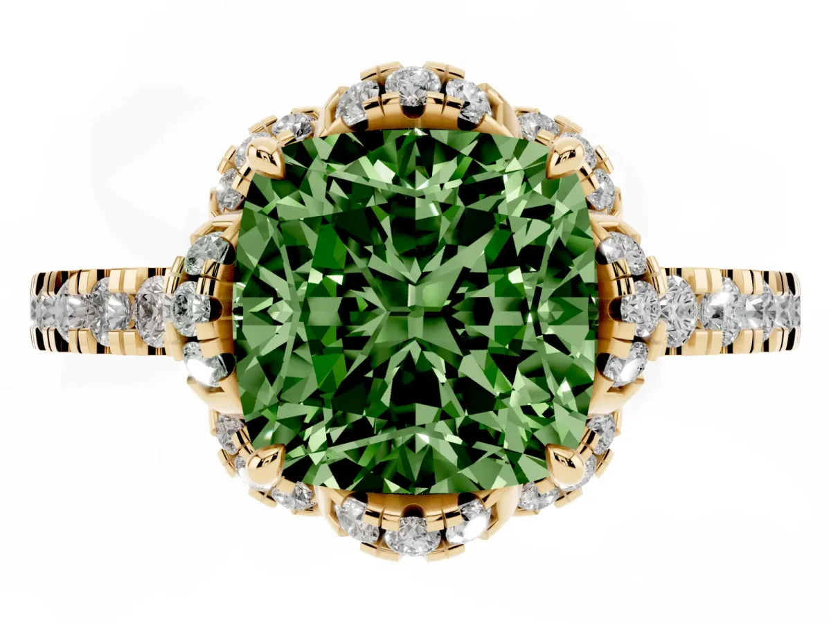 Fancy Green Cushion Cut Halo Diamond Pave Band Ring with Four-Prong Setting Yellow gold
