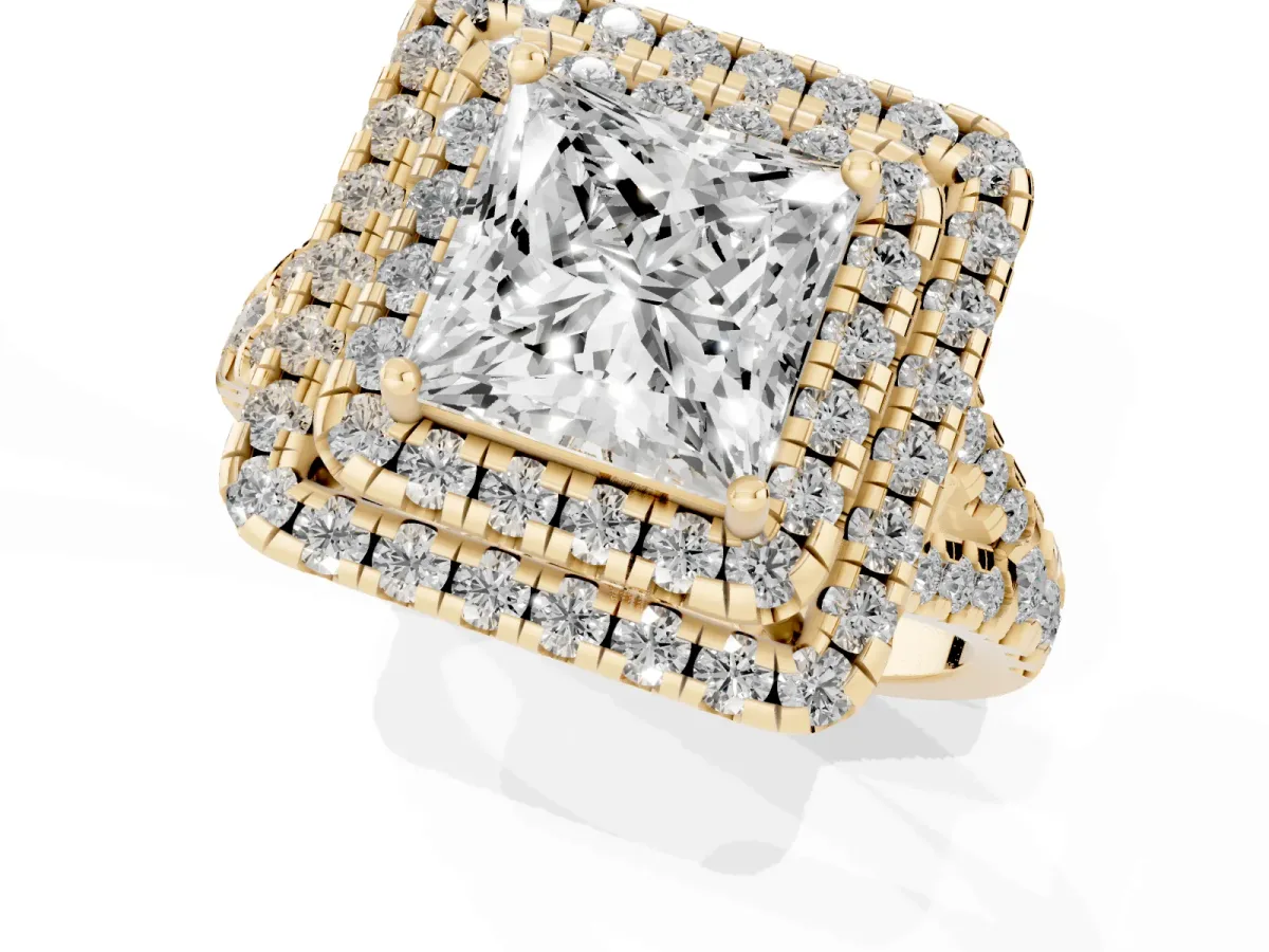 Double Halo Princess Cut Diamond Pavé Split Shank Ring with Prong Setting Yellow gold