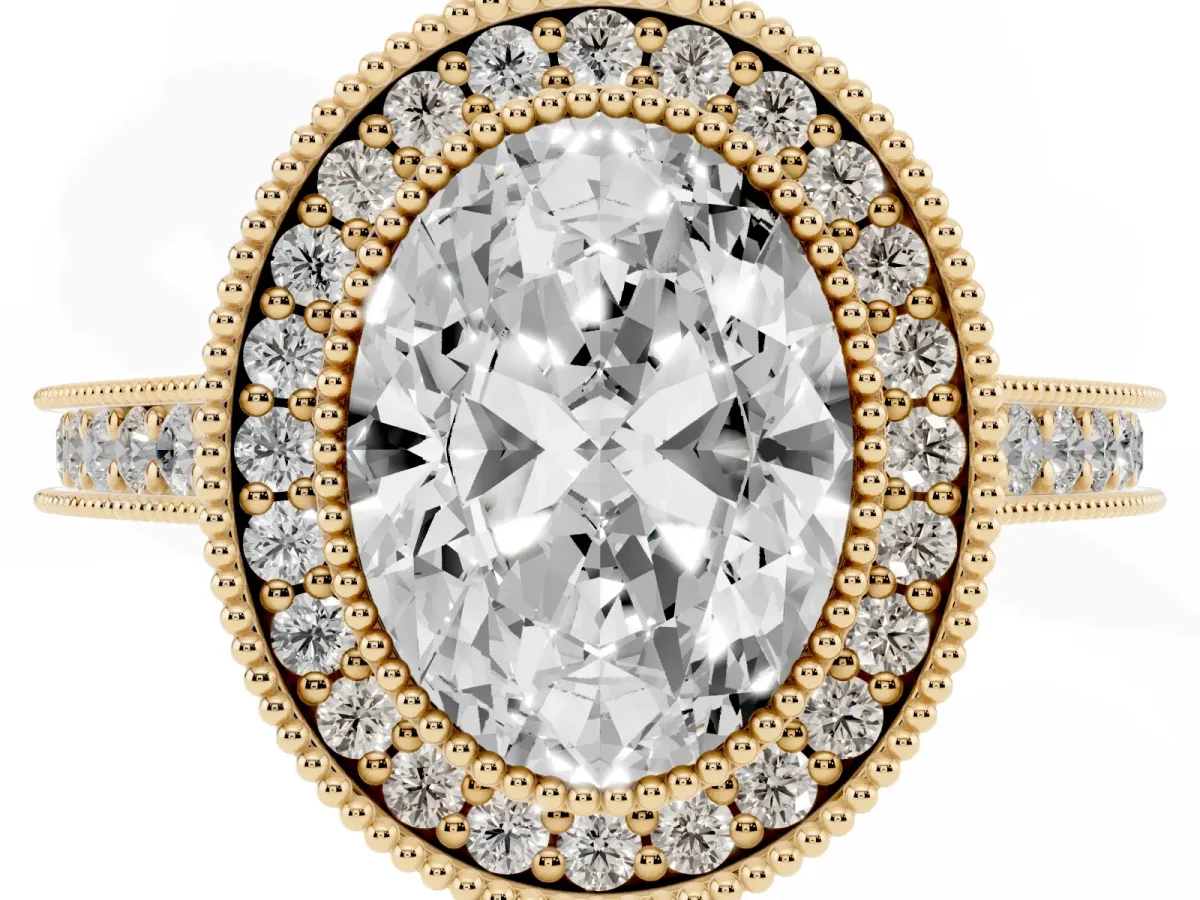 Halo Oval Cut-Cut Diamond Pave Band Milgrain Prong Setting Ring Yellow gold