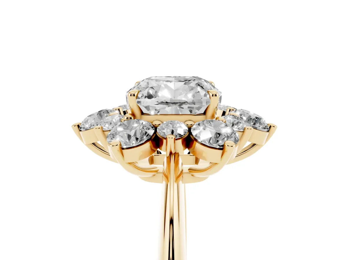 Cushion Cut Diamond Cluster Halo Ring with Solitaire Band and Four-Prong Setting Yellow gold