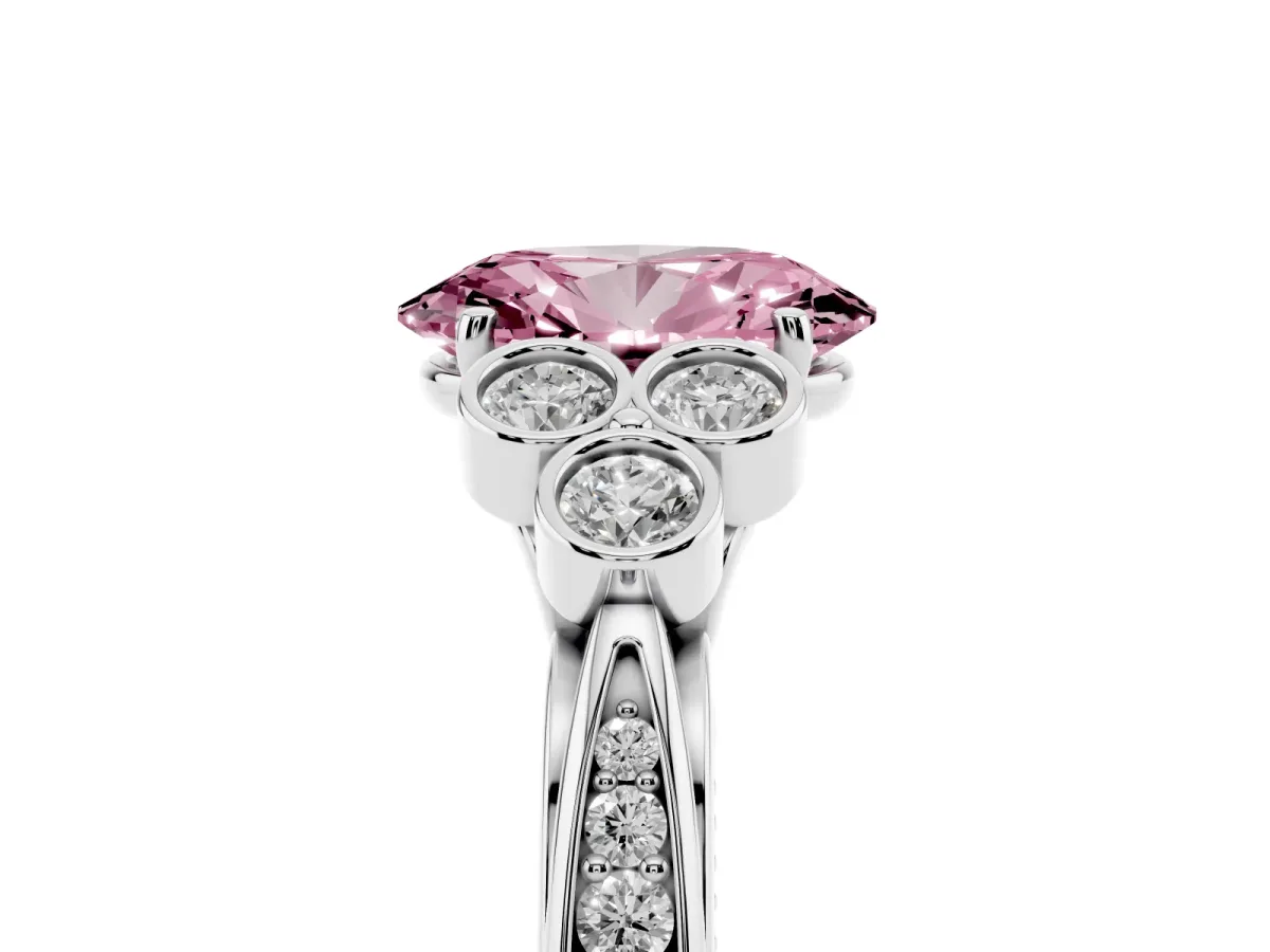 Fancy Pink Oval Cut Cut Diamond Engagement Ring with Bezel Set Round Side Stones and Prong Setting White gold