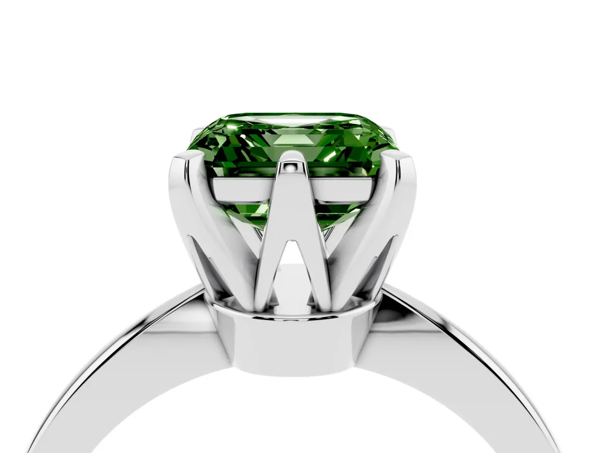 Fancy Green Asscher Cut Solitaire Engagement Ring with Six-Prong Setting and Tapered Band Platinum