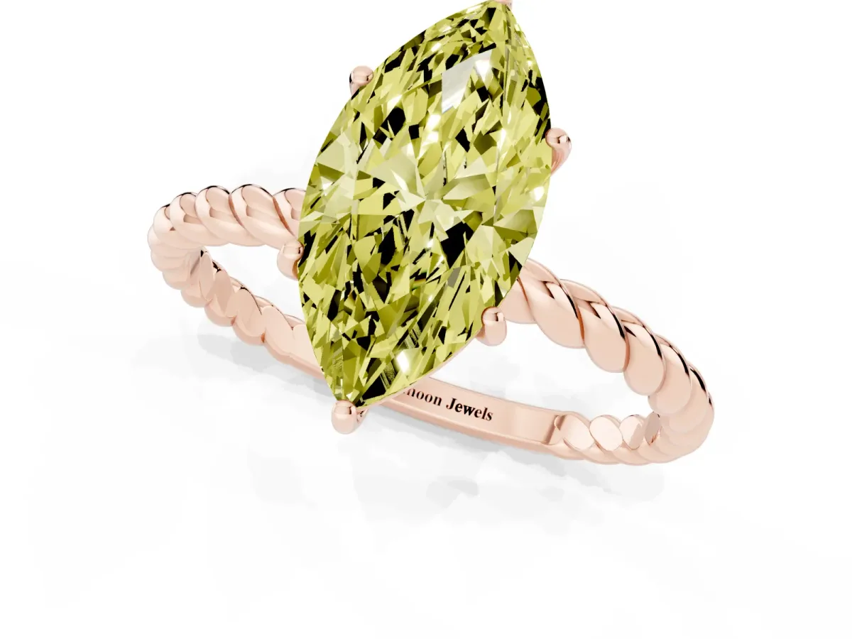 Fancy Yellow Marquise Cut Solitaire Twist Band Ring with Four-Prong Setting Rose gold
