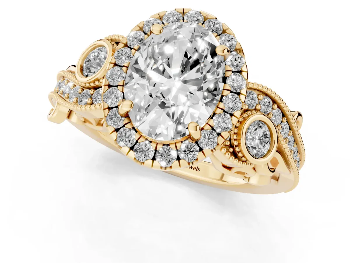 Oval Cut Halo Diamond Ring with Milgrain and Bezel Accents on a Split Shank Band Yellow gold