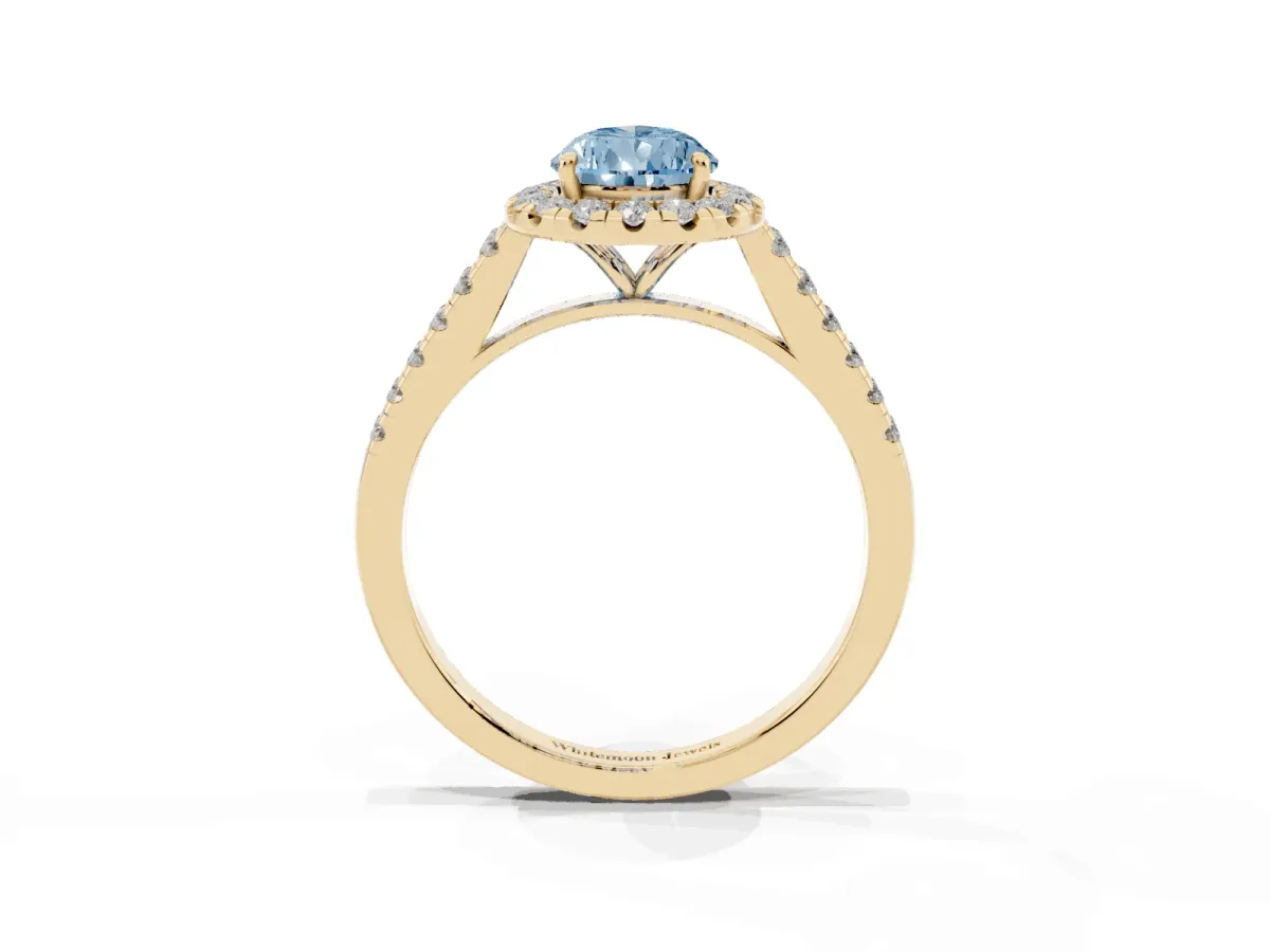 Fancy Blue Pear Cut Halo Pave Diamond Engagement Ring with Four-Prong Setting Yellow gold