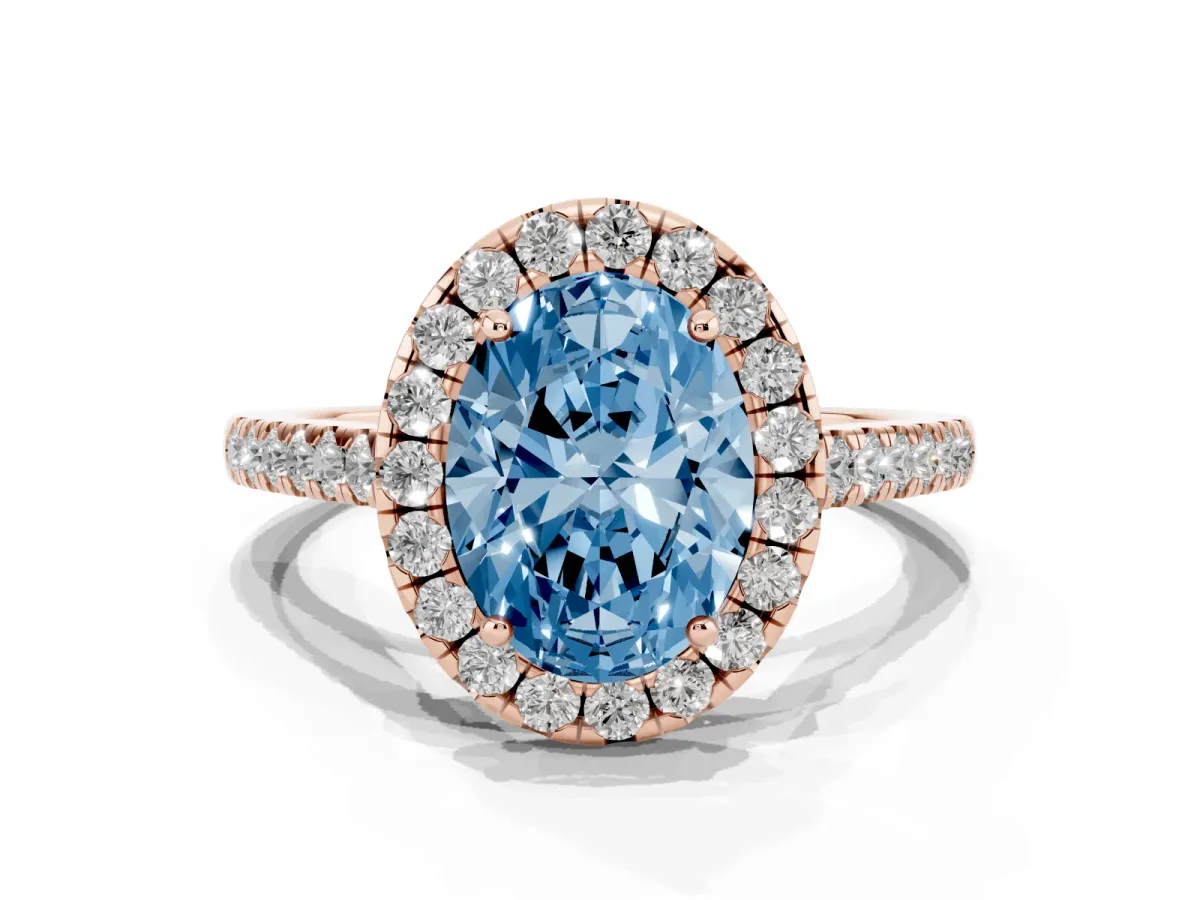 Fancy Blue Oval Cut Halo Pave Diamond Engagement Ring with Four-Prong Setting Rose gold