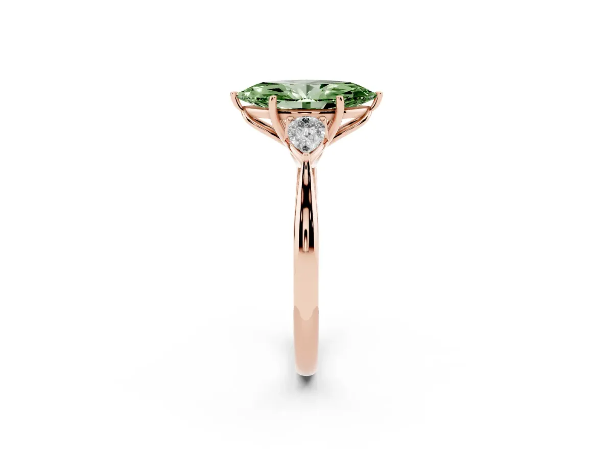 Fancy Green Marquise Cut Diamond Three-Stone Ring with Pear Side Stones and Prong Setting Rose gold