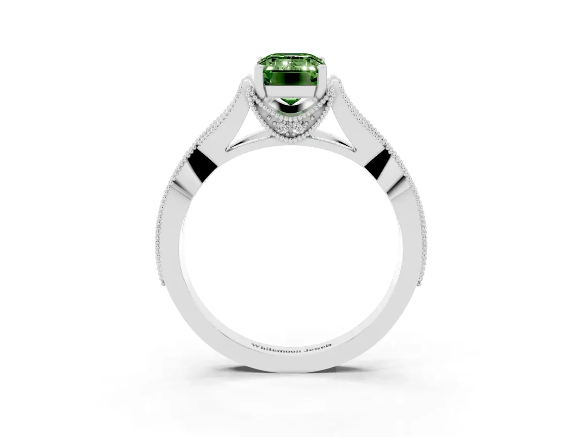 Fancy Green Emerald Cut Cut Diamond Twisted Band with Milgrain Pave Setting and Four-Prong Setting Silver