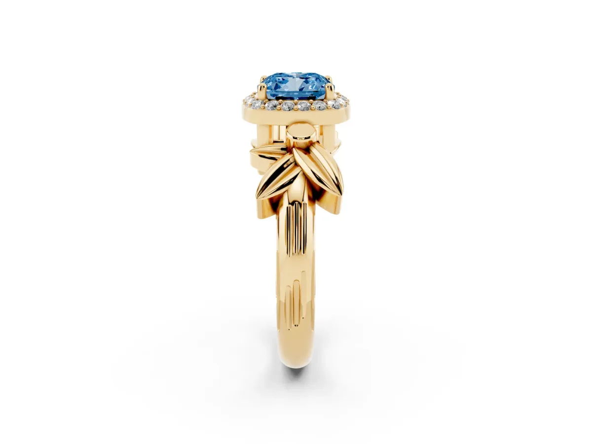 Fancy Blue Cushion Cut Halo Diamond Floral Band with Four-Prong Setting Yellow gold
