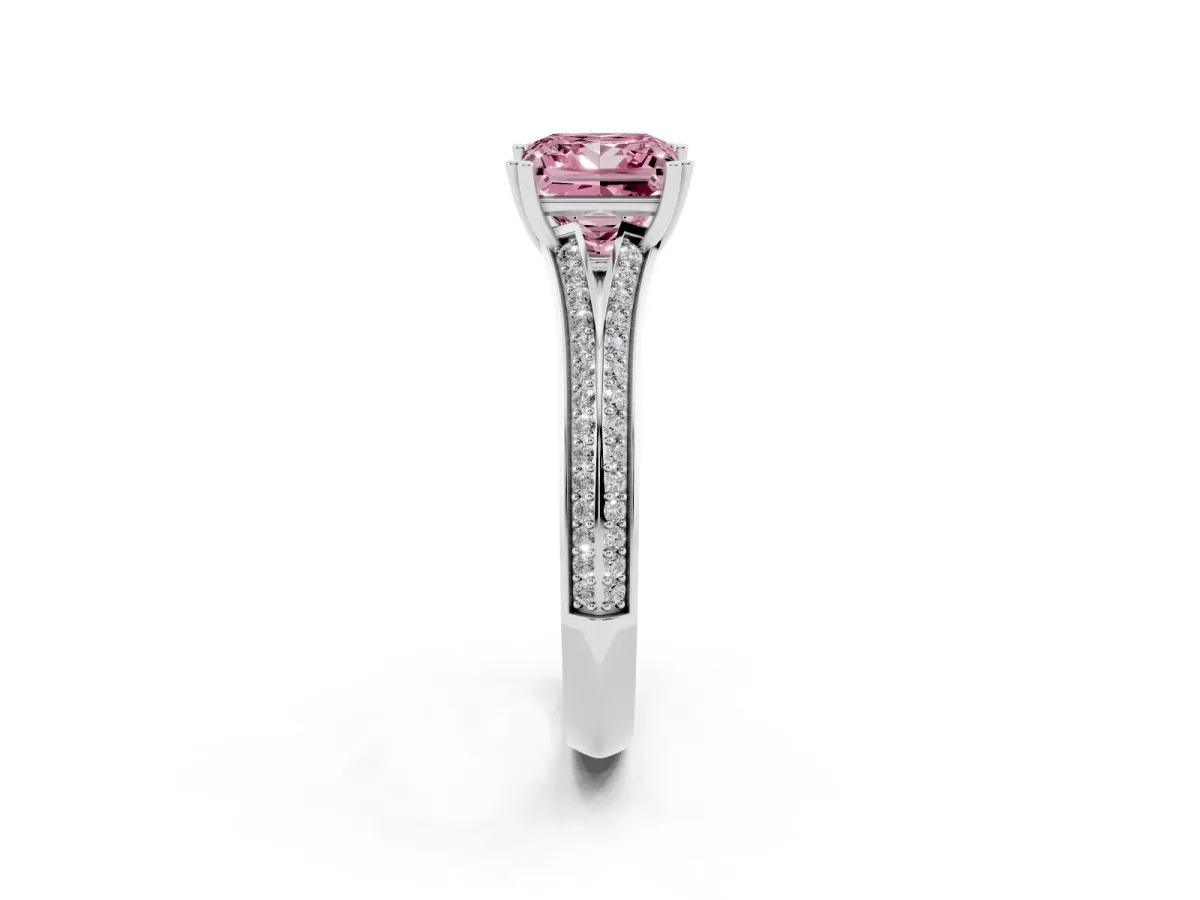 Fancy Pink Princess Cut Diamond Split Shank Engagement Ring with Pavé Band Platinum