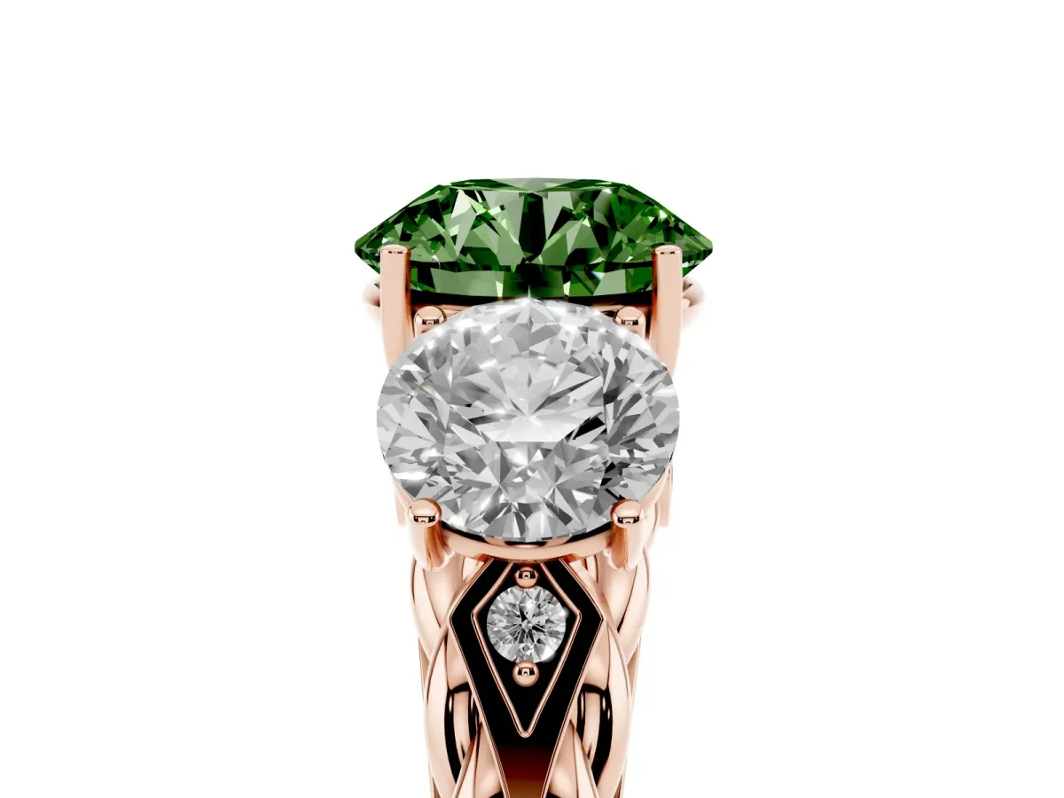 Fancy Green Three-Stone Round Cut Diamond Braided Band Ring with Four-Prong Setting Rose gold