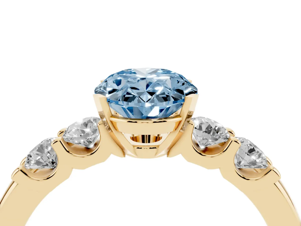 Fancy Blue Oval Cut Brilliant Cut Diamond Five-Stone Prong Set Engagement Ring with Channel Band Yellow gold
