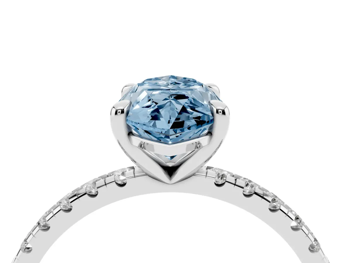 Fancy Blue Marquise Cut Diamond Brilliant Solitaire Ring with Pavé Band and Four-Prong Setting Silver