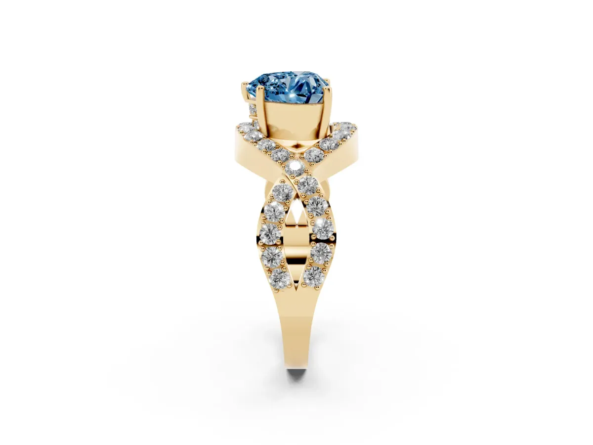 Fancy Blue Heart Cut Solitaire Twist Band Pavé Diamond Engagement Ring Yellow gold