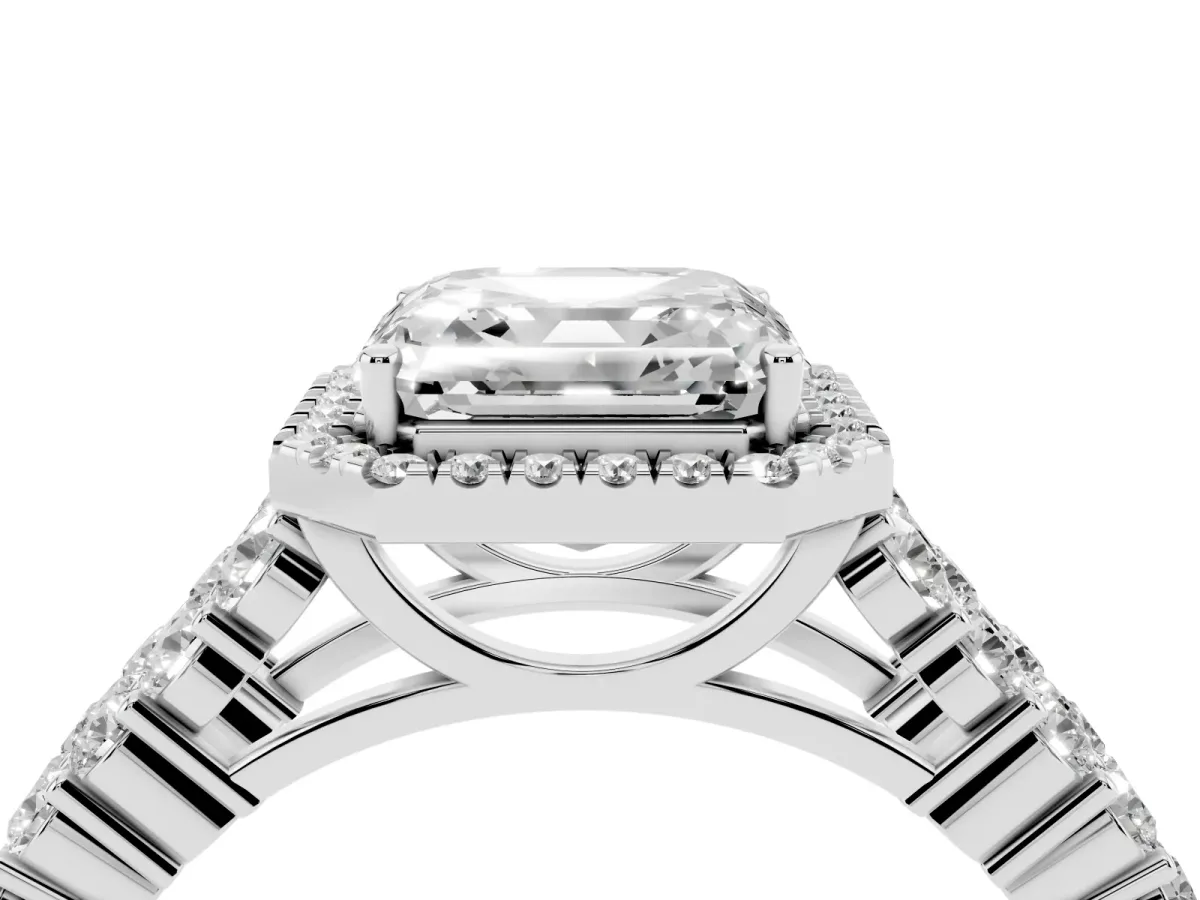 Asscher Cut Diamond Halo Engagement Ring with Triple Row Round Pavé Band and Prong Setting Platinum