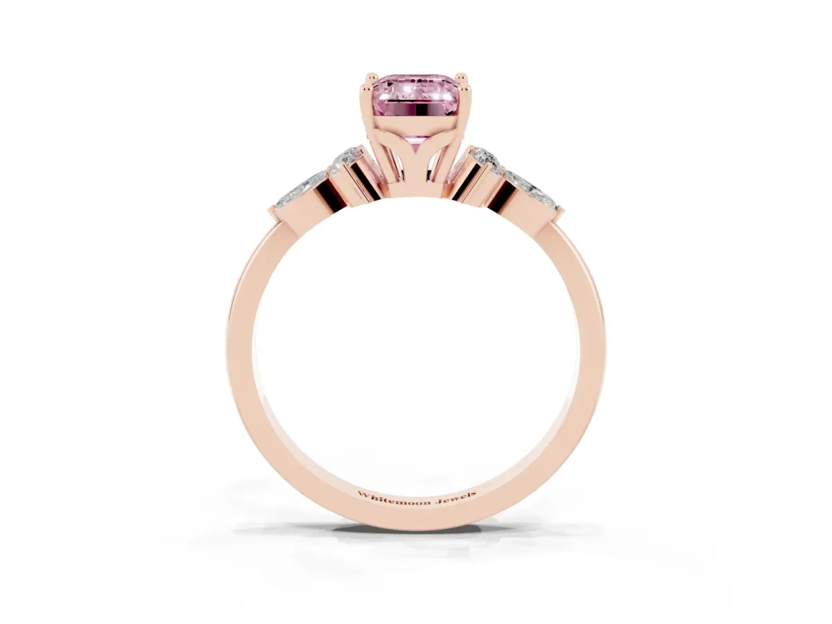 Fancy Pink Emerald Cut Brilliant Diamond Solitaire Ring with Pear Side Stones and Four-Prong Setting Rose gold