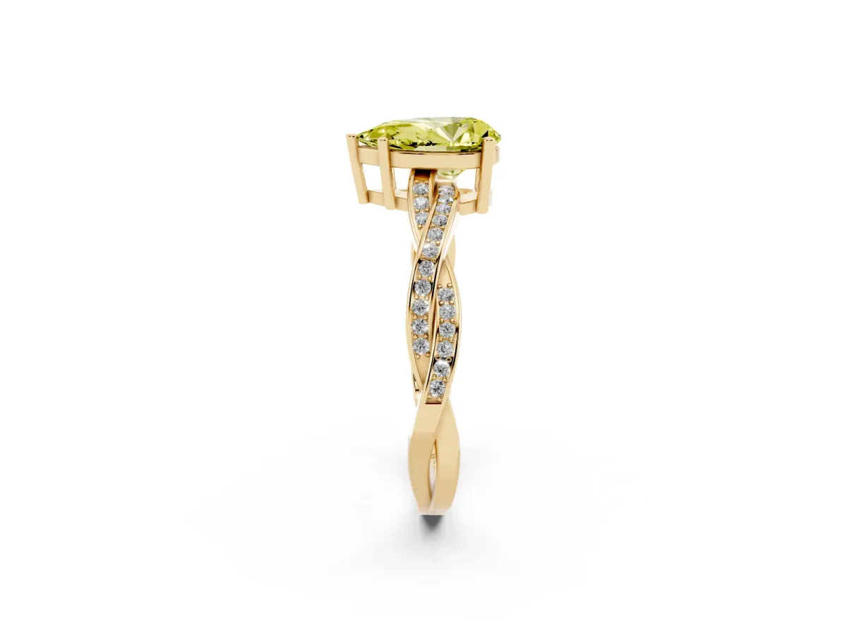 Fancy Yellow Pear Cut Solitaire Twisted Pave Diamond Ring with Four-Prong Setting Yellow gold